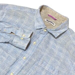 Tommy Bahama Linen Shirt‎ Plaid Button Up Long Sleeve Blue Large